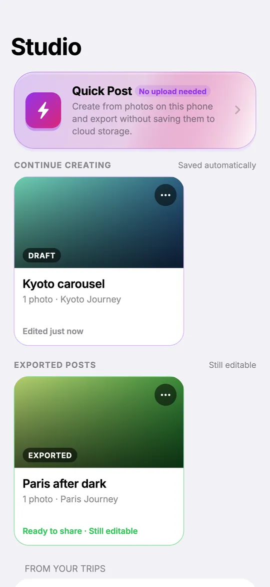 Trippy Taless Android app Studio with Quick Post and saved drafts